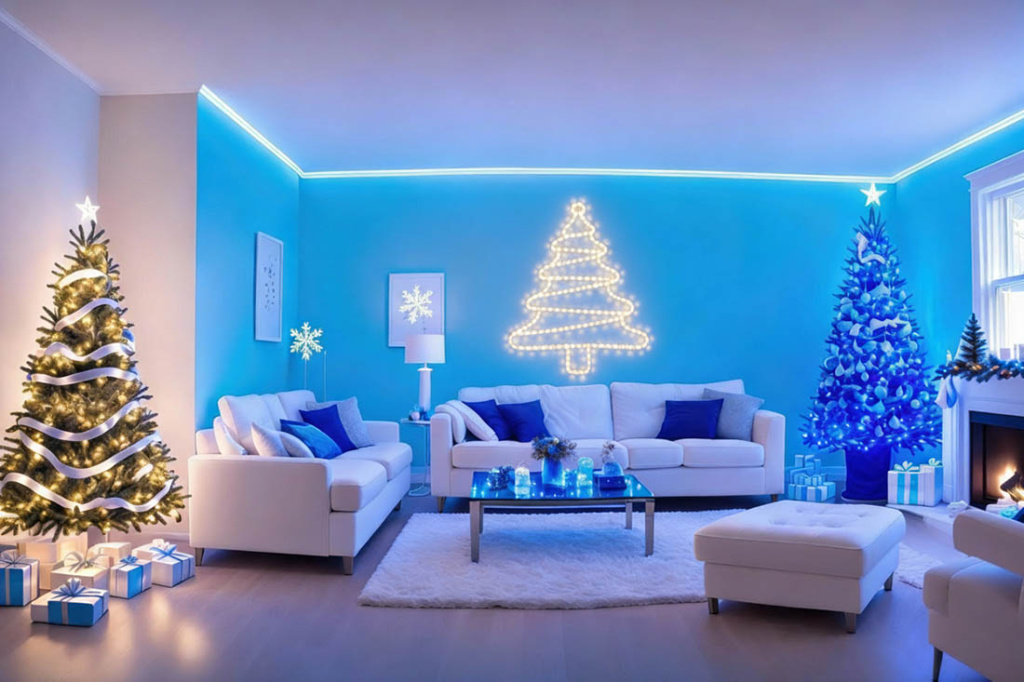Новогоднее оформление стен светодиодной лентой
