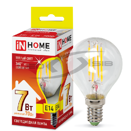 Лампа сд LED-ШАР-deco 7W 230V E14 630Lm прозрачная IN HOME