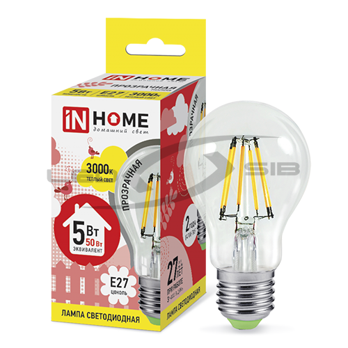 Лампа сд LED-A60-deco 5W 230V Е27 450Lm прозрачная IN HOME